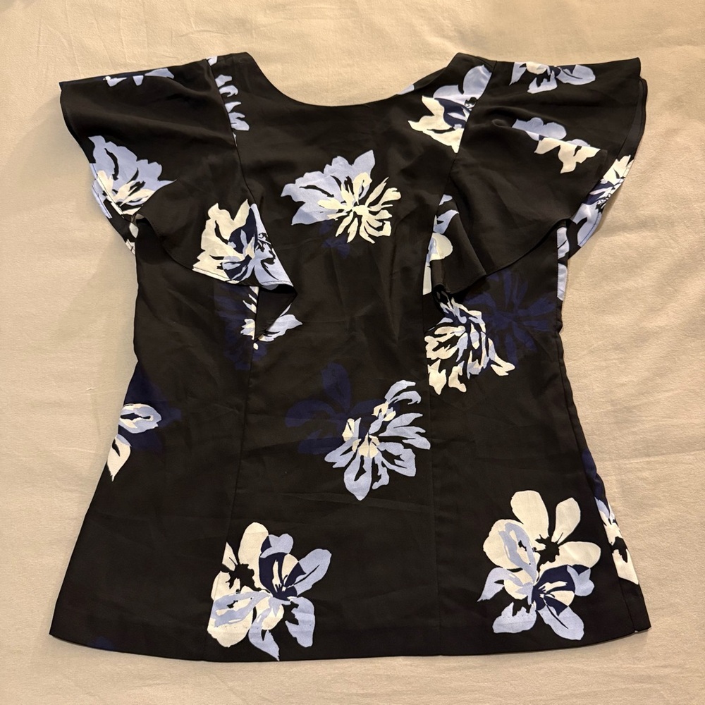 Banana Republic Black Floral Flutter-Sleeve Blouse